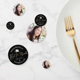 Bat Mitzwa foto zwart goud script elegante bloemen Confetti
