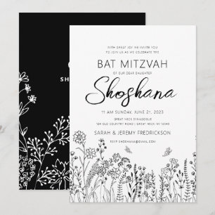 Bat Mitzwa Stijlvol Schrift Bloemenschets Kaart