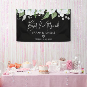Bat Mitzwa zwart zilver schrift waterverf bloemmot Spandoek