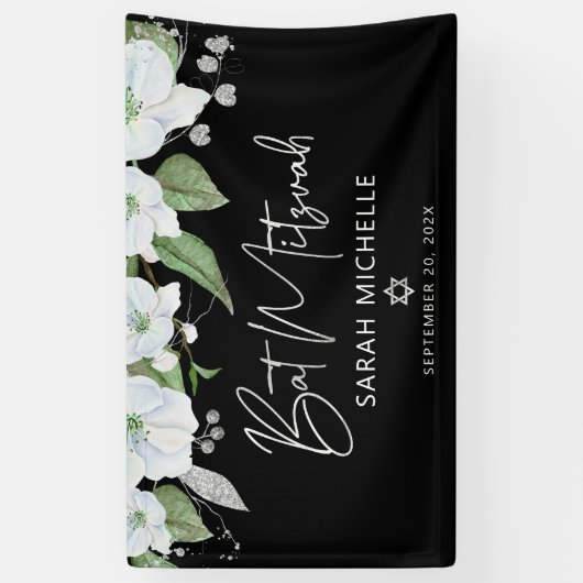 Bat Mitzwa zwart zilver schrift waterverf bloemmot Spandoek (Verticaal)