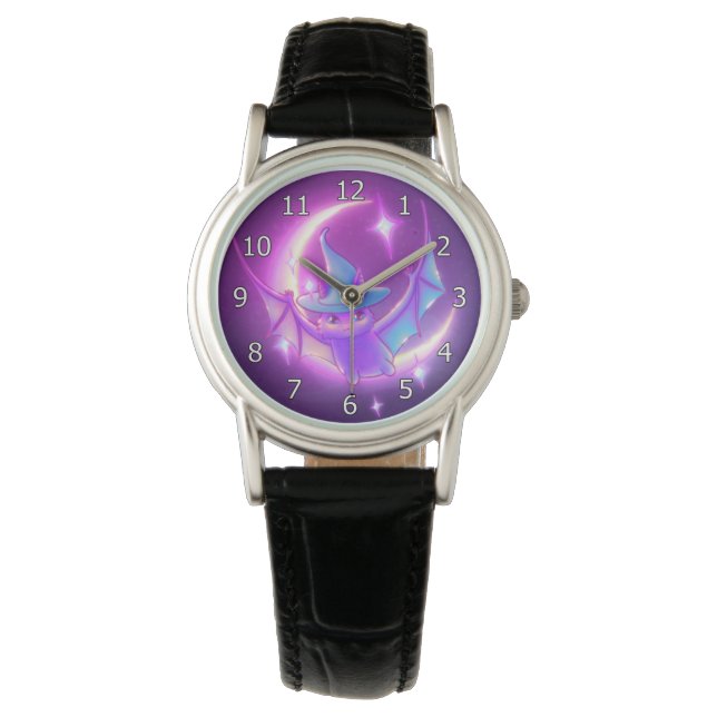 Bat Witch Crescent Moon Stars Art Horloge (Voorkant)