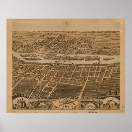 Batavia Illinois 1869 Antiek Panoramic Map Poster (Voorkant)