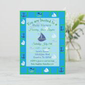 Bateau à voile bleu et vert Invitations thématique (Debout devant)