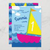 Bateau à voile coloré 1er anniversaire Invitations (Devant / Derrière)