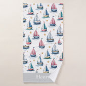 Bateau à voile et nom d'enfants à l'aquarelle mign (Serviette de bain)