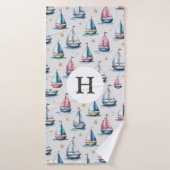 Bateau à voile et nom d'enfants aquarelle mignon (Serviette de bain)