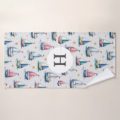 Bateau à voile et nom d'enfants aquarelle mignon (Serviette de bain)