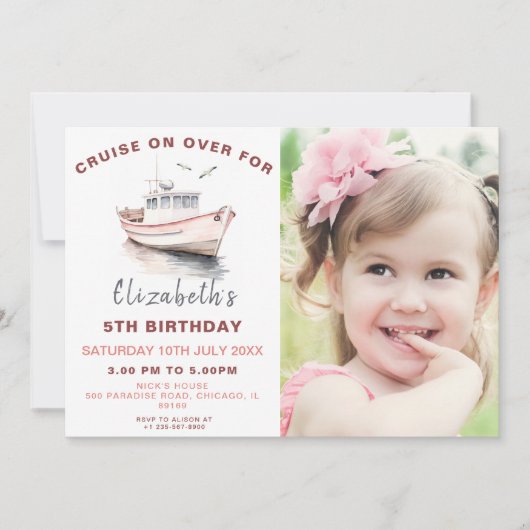 Bateau rose Anniversaire Photo Invitation (Devant)