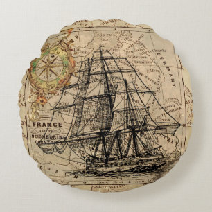 Bateau vintage Et Carte Coussin Rond