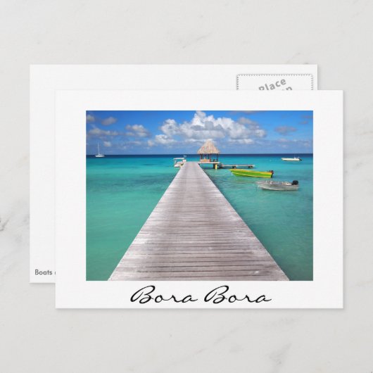 Bateaux à une jetée à Bora Bora carte postale blan (Devant / Derrière)