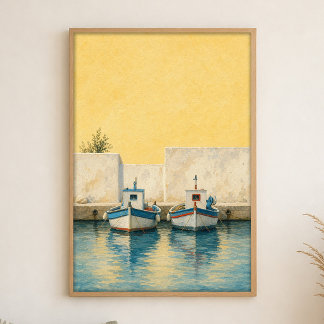 Bateaux de pêche dans un tout petit port Affiche a