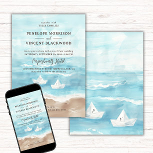Bateaux en papier sur Sea Beach Wedding Invitation