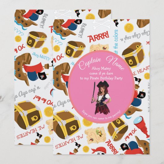 Bateaux roses et trésor Invitation de fête de pira (Devant / Derrière)