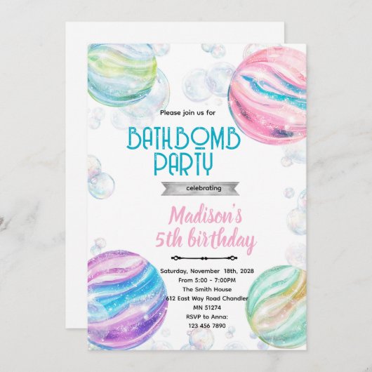 Bath bomb birthday party invitation (Devant / Derrière)