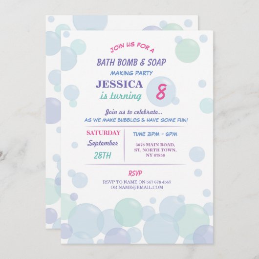 Bath Bomb Soap Making Bubble Birthday Party Invite Kaart (Voorkant / Achterkant)