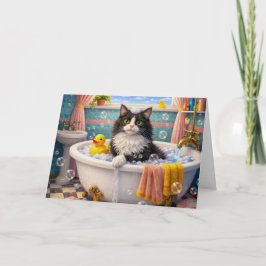 Bath Time , Cat Greeting Card Kaart