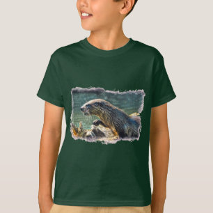 Bathing River Otter Wildlife Art T-shirt