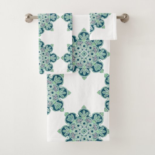 Bathroom Towel set, groene medaillons op wit Bad Handdoek (Insitu)