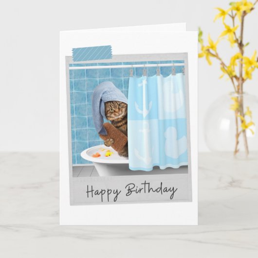 Bathtime Cat Funny Birthday Card Kaart (Gele Bloem)