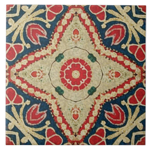 Batik-achtige tegels, bloempatroon, rood, blauw be tegeltje