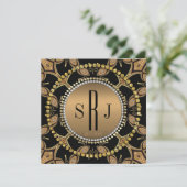 Batik Art Deco Zwart Goud Monogram Feest Uitnodigi Kaart