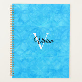 Batik Bleu Élégant Monogramme Nom Planificateur