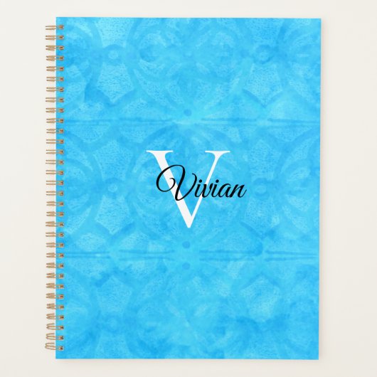 Batik Bleu Élégant Monogramme Nom Planificateur (Devant)