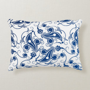 Batik Blue en White geïllustreerd Floral Pattern Accent Kussen