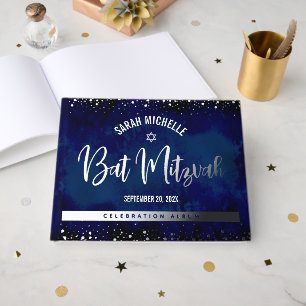 Batik Navy de Bat Mitzvah Aquarelle Argenté Feuill