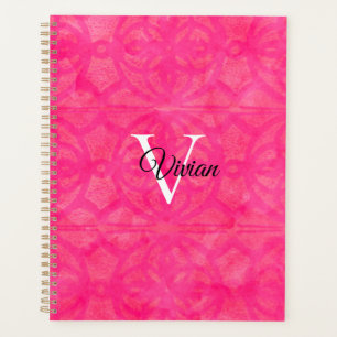 Batik rose vif Élégant Monogramme Nom Planificateu