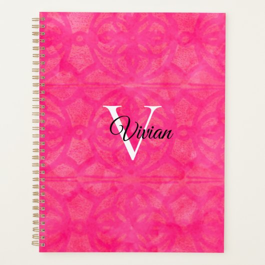 Batik rose vif Élégant Monogramme Nom Planificateu (Devant)