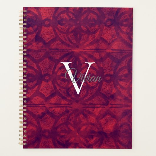 Batik rouge profond Élégant Monogramme Nom Planifi (Devant)