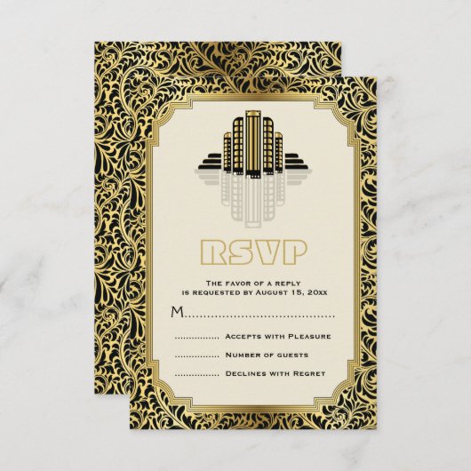 Bâtiments Art Déco noir, mariage or RSVP (Devant / Derrière)