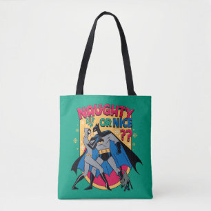 Batman   Catwoman under mistletoe Naughty or Nice Tote Bag