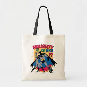 Batman Catwoman under mistletoe Naughty or Nice Tote Bag
