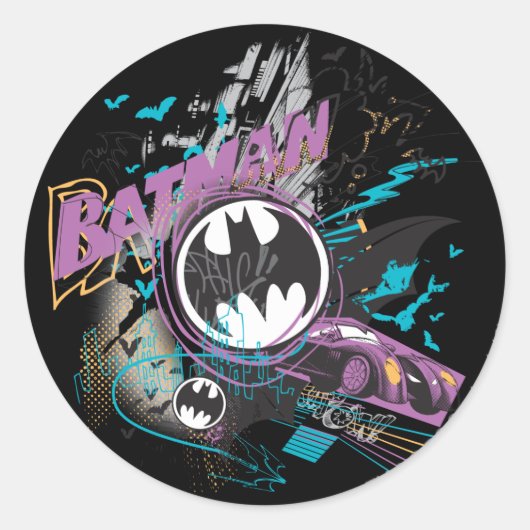 Batman Gotham Skyline Sketch Ronde Sticker (Voorkant)