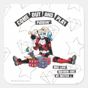 Batman   Harley Quinn "kom uit en speel Puddin" Vierkante Sticker