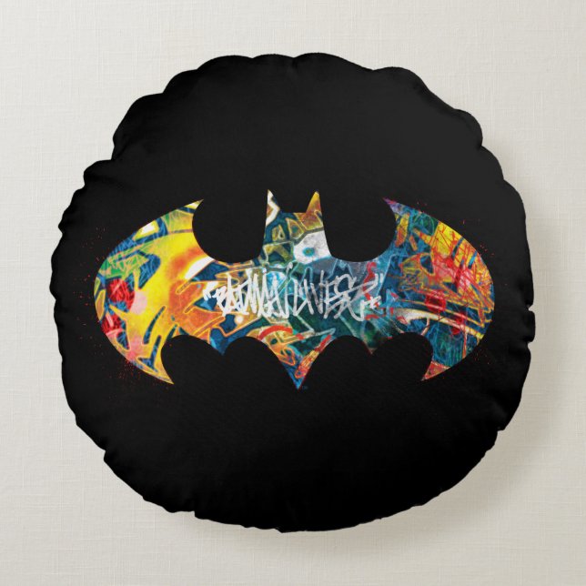Batman Logo Neon/80s Graffiti Rond Kussen (Voorkant)