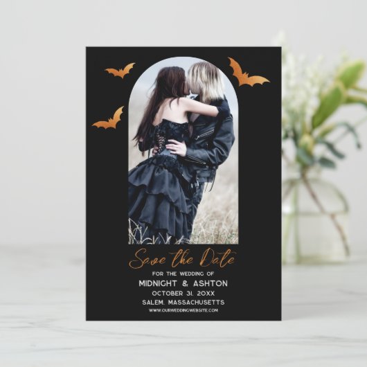 Bats Arch Foto Halloween bruiloft Bewaar de datum Save The Date (Staand voorkant)