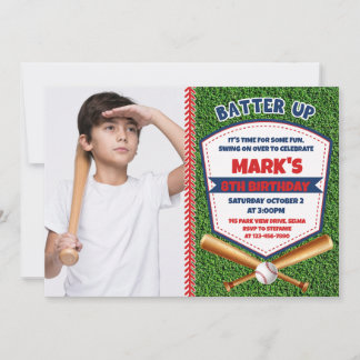 Batter up honkbal jongen verjaardag foto uitnodigi kaart