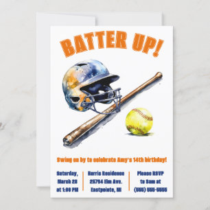 Batter Up! Swing on By! Softball Birthday Party Kaart