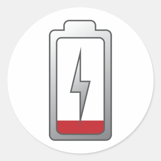 Batterij bijna leeg! ronde sticker (Voorkant)