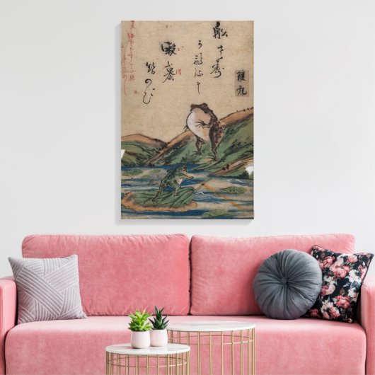  "Battle of the Frogs" by Kawanabe Kyōsai Canvas Afdruk (Insitu (Woonkamer))