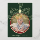 Bauble de Noël et Carte photo d'or vert Bow (Recto)