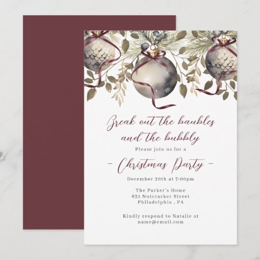 Baubles & Bubbly Fête de Noël Invitation (Devant / Derrière)