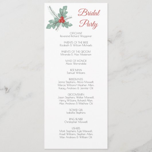 Baubles en Holly Kerstfeestdag bruiloft Programma (Achterkant)