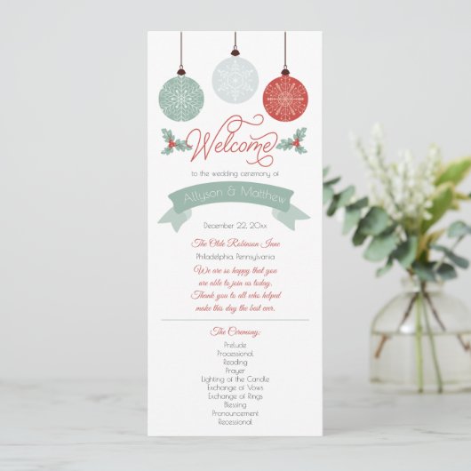 Baubles en Holly Kerstfeestdag bruiloft Programma (Staand voorkant)