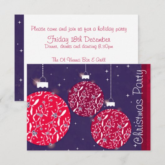 Baubles étincelante invitation de fête rouge bleu (Devant / Derrière)