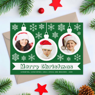 Baubles Merry Christmas Photo Collage Green White Feestdagenkaart