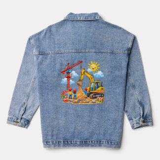 Baustellenscene mit Kran, Bagger und kleine Helfer Denim Jacket